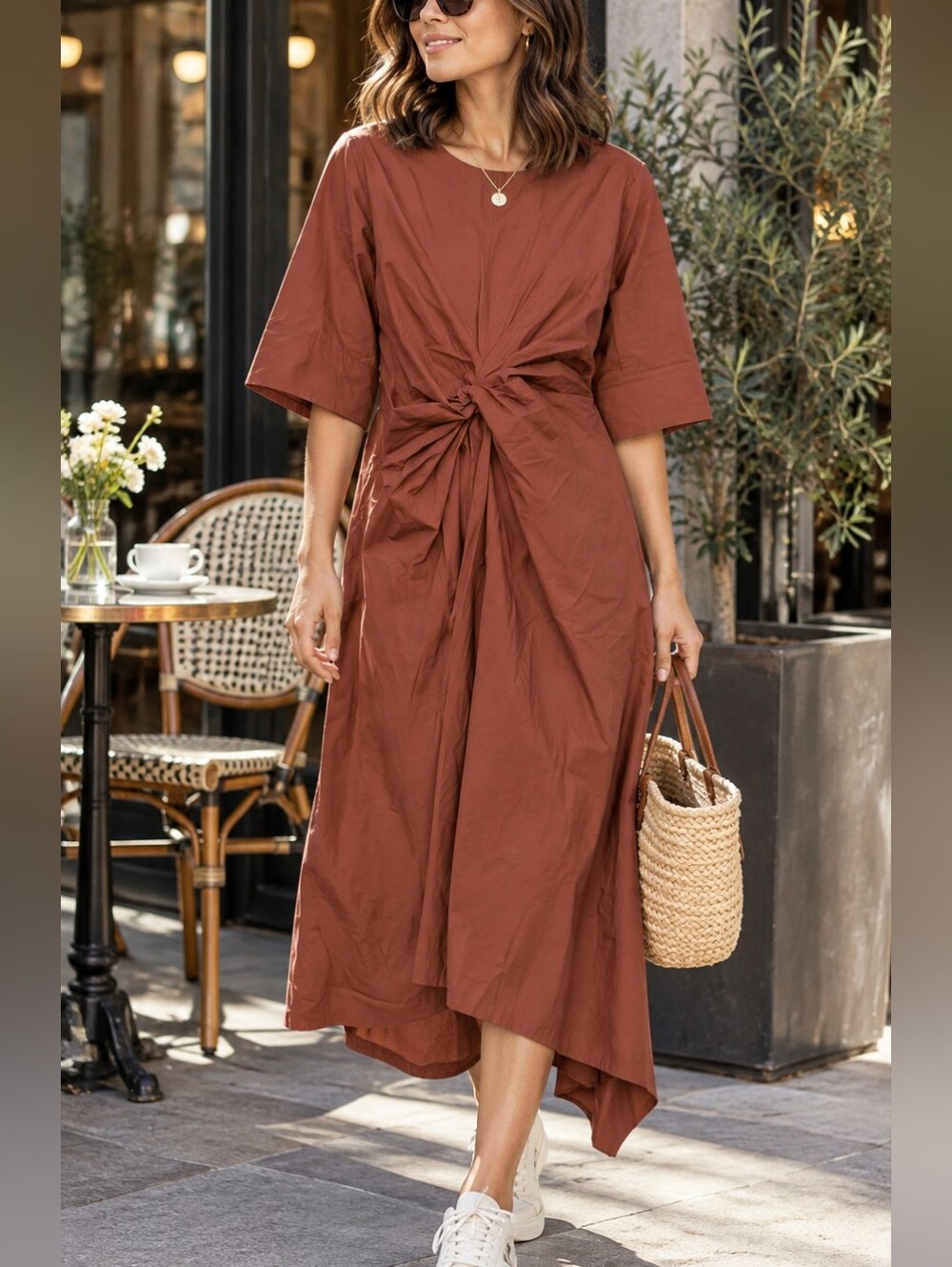 Chepe Italy Rust Knot Front Cotton Midi Dress Size S